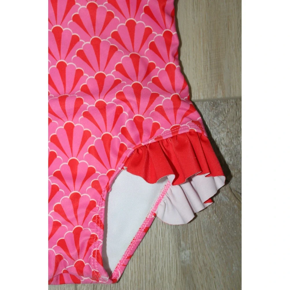 The Oaks Apparel Company Girls Pink Red Seashell Ruffle One‎ Piece Swimsuit 4Y